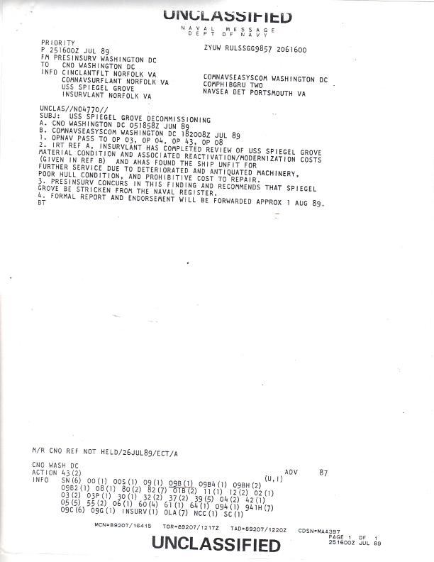 Spiegel Grove stricken from US Naval register 1989